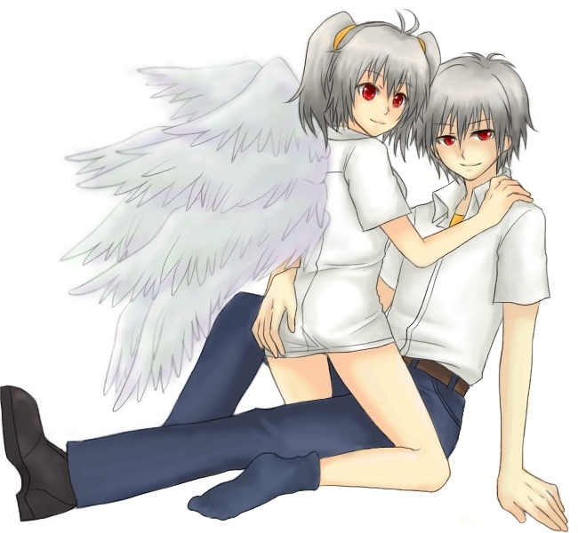 angel (evangelion), nagisa kaworu, tabris-xx, neon genesis evangelion, ass grab, silver hair, 1boy, 1girl, albino, angel wings, ass, bottomless, denim, dress shirt, dual persona, genderswap, genderswap (mtf), hetero, jeans, kneeling, pants, red eyes, shirt, short hair, sitting, twintails, wings