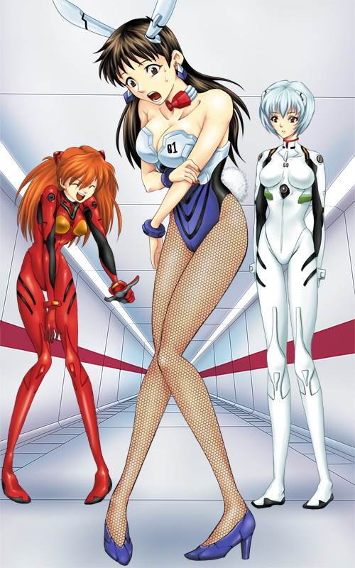 ayanami rei, ikari shinji, shin-chan (evangelion), souryuu asuka langley, neon genesis evangelion, fishnet legwear, non-web source, 3girls, animal ears, bare shoulders, black hair, blue hair, bodysuit, bow, bowtie, breasts, brown eyes, brown hair, cleavage, closed eyes, collar, earrings, fake animal ears, fishnet pantyhose, fishnets, genderswap, genderswap (mtf), hallway, high heels, interface headset (evangelion), jewelry, large breasts, laughing, long hair, mecha pilot suit, multiple girls, orange hair, pantyhose, playboy bunny, plugsuit (evangelion), pointing, rabbit ears, rabbit tail, red eyes, red hair, shoes, short hair, skin tight, sweat, tail, white hair