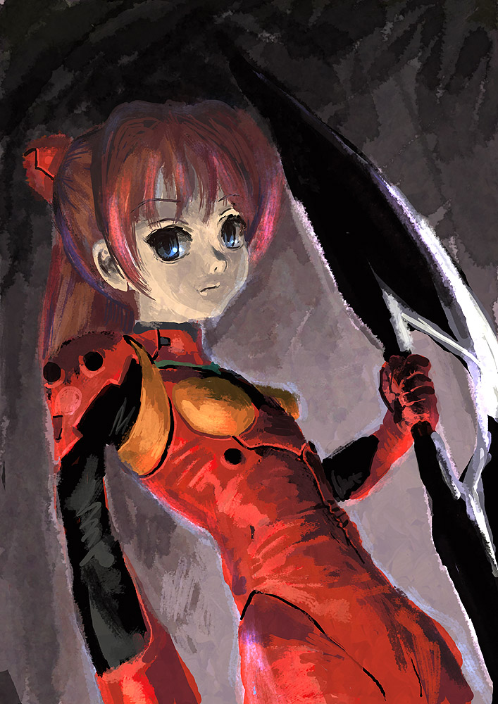 souryuu asuka langley, neon genesis evangelion, non-web source, blue eyes, double blade, from below, long hair, looking down, looking up, mecha pilot suit, plugsuit (evangelion), red hair, sword, weapon