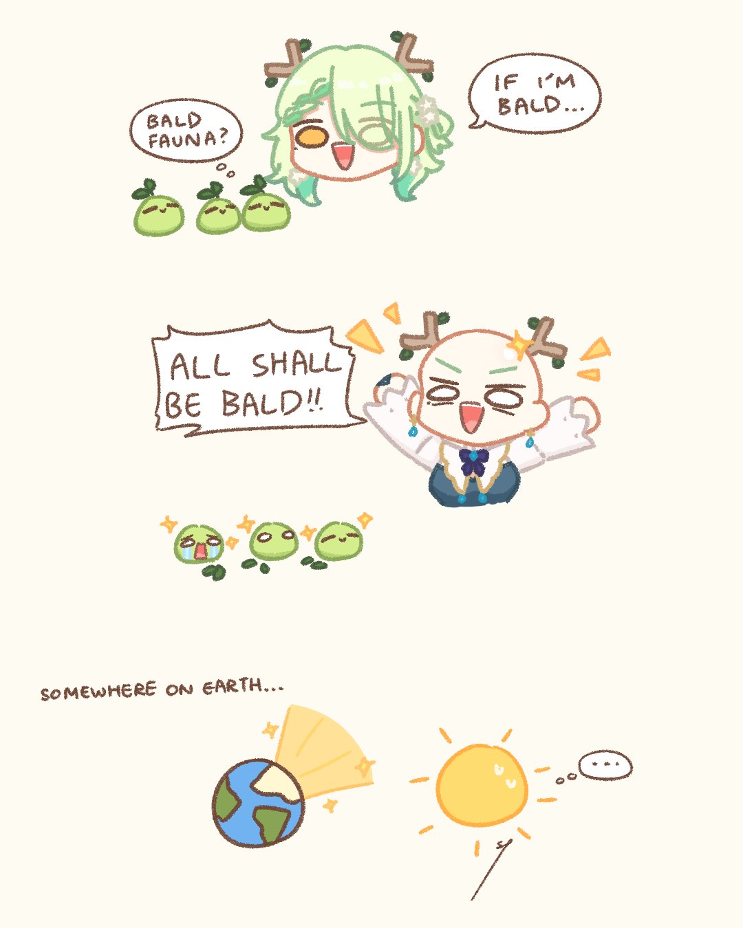 sappysque, ceres fauna, ceres fauna (1st costume), sapling (ceres fauna), hololive, hololive english, highres, …, 1girl, = =, aqua hair, arms up, bald, branch, earth (planet), long hair, open mouth, planet, reflection, smile, solo, spoken ellipsis, sun, tears, virtual youtuber, yellow eyes