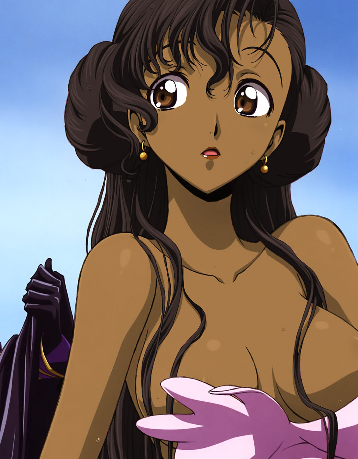 kimura takahiro, euphemia li britannia, code geass, anime screenshot, artist request, derivative work, highres, recolor, third-party edit, 00s, 1girl, alternate color, alternate eye color, alternate hair color, bare shoulders, black hair, breasts, brown eyes, cleavage, collarbone, dark-skinned female, dark skin, donut hair bun, earrings, female focus, hair bun, jewelry, large breasts, long hair, open mouth, solo, wet