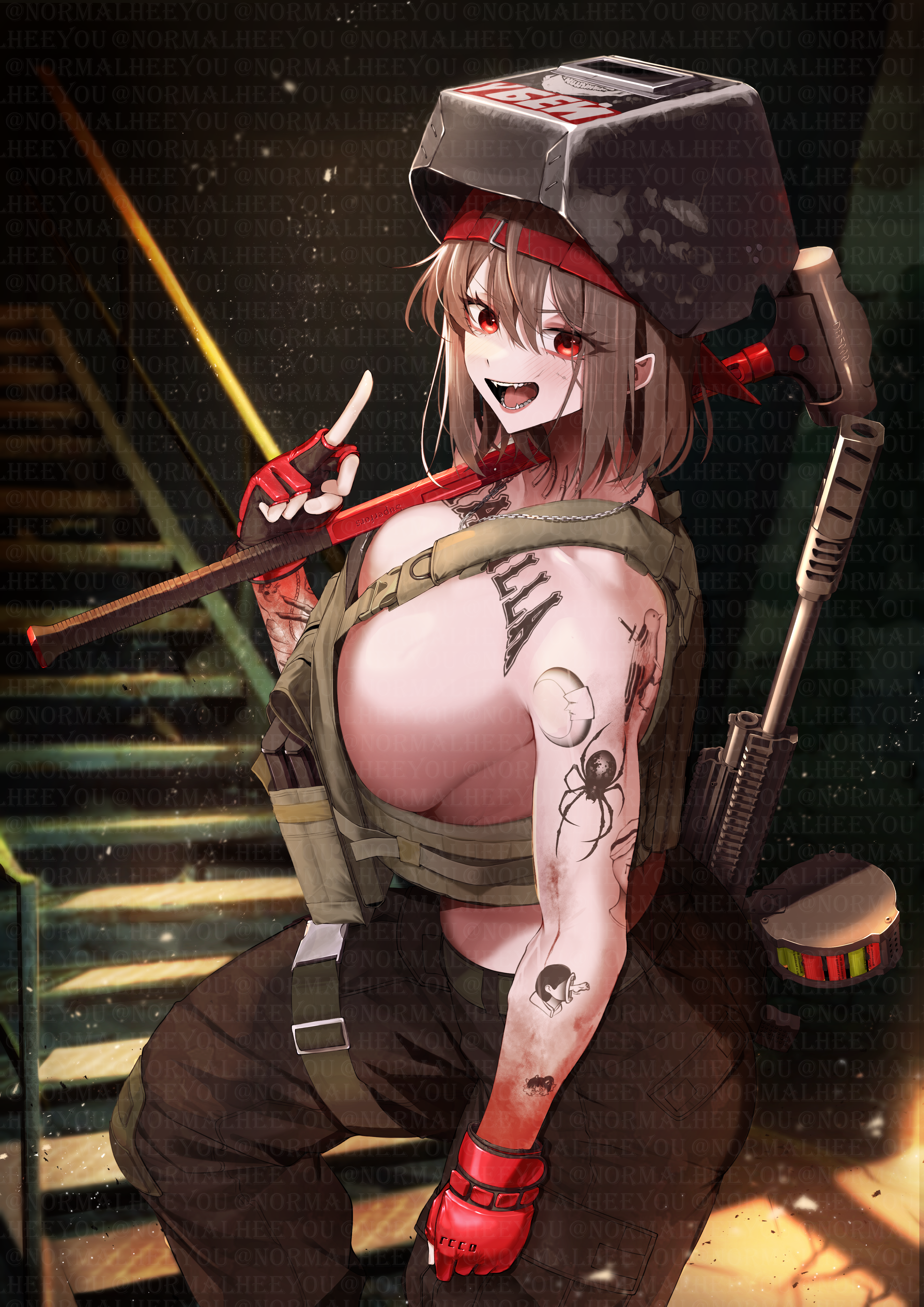 nangmanheeyou, tagilla (escape from tarkov), escape from tarkov, absurdres, commentary request, highres, korean commentary, 1girl, ammunition pouch, arm tattoo, black pants, breasts, brown hair, bulletproof vest, collarbone tattoo, drum magazine, fingerless gloves, genderswap, genderswap (mtf), gloves, gun, large breasts, looking at viewer, magazine (weapon), mask, mask on head, medium hair, middle finger, naked bulletproof vest, open mouth, pants, pouch, red eyes, red gloves, saiga-12, sharp teeth, shotgun, spider tattoo, stairs, tattoo, teeth, text tattoo, watermark, weapon, welding mask