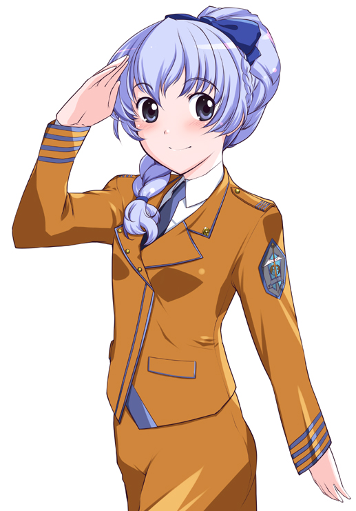 touge hiro, teletha testarossa, full metal panic!, silver hair, 00s, 1girl, braid, female focus, hair ribbon, pencil skirt, ribbon, salute, simple background, skirt, smile, solo