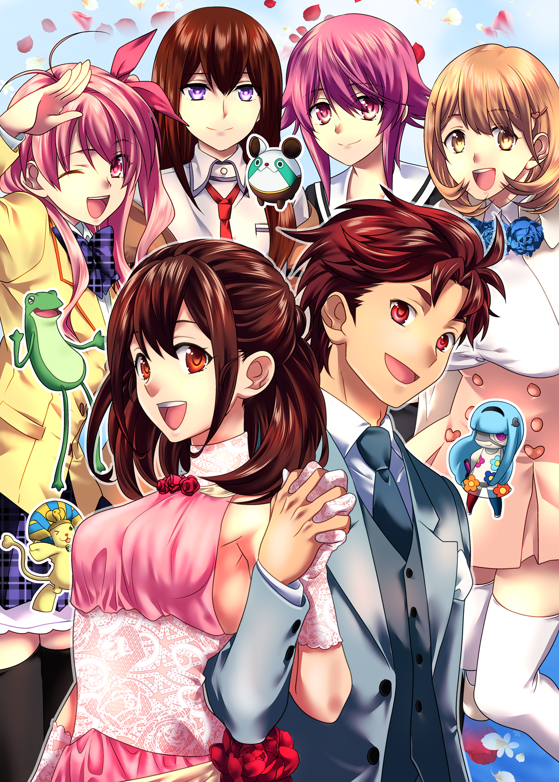 ikuhashi muiko, makise kurisu, narusawa ryouka, onoe serika, sakihata rimi, senomiya akiho, upa (steins;gate), yashio kaito, zonko (occultic;nine), chaos;child, chaos;head, occultic;nine, robotics;notes, science adventure, steins;gate, highres, 1boy, 5girls, :d, bare shoulders, blue eyes, blue hair, blush, breasts, brown eyes, brown hair, closed eyes, dress, flower, formal clothes, gero-froggy, gloves, hair ornament, hekiho academy school uniform, holding hands, long hair, multiple boys, multiple girls, necktie, open mouth, phinx (robotics;notes), pink eyes, pink hair, ponytail, red eyes, red hair, school uniform, short hair, skirt, smile, suimei academy school uniform, thighhighs