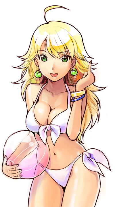 nekomata naomi, hoshii miki, idolmaster, idolmaster (classic), 00s, 1girl, :p, ahoge, ball, beachball, bikini, blonde hair, bracelet, breasts, cleavage, cowboy shot, earrings, female focus, front-tie top, green eyes, jewelry, long hair, navel, pinky out, side-tie bikini bottom, solo, swimsuit, tongue, tongue out, white bikini