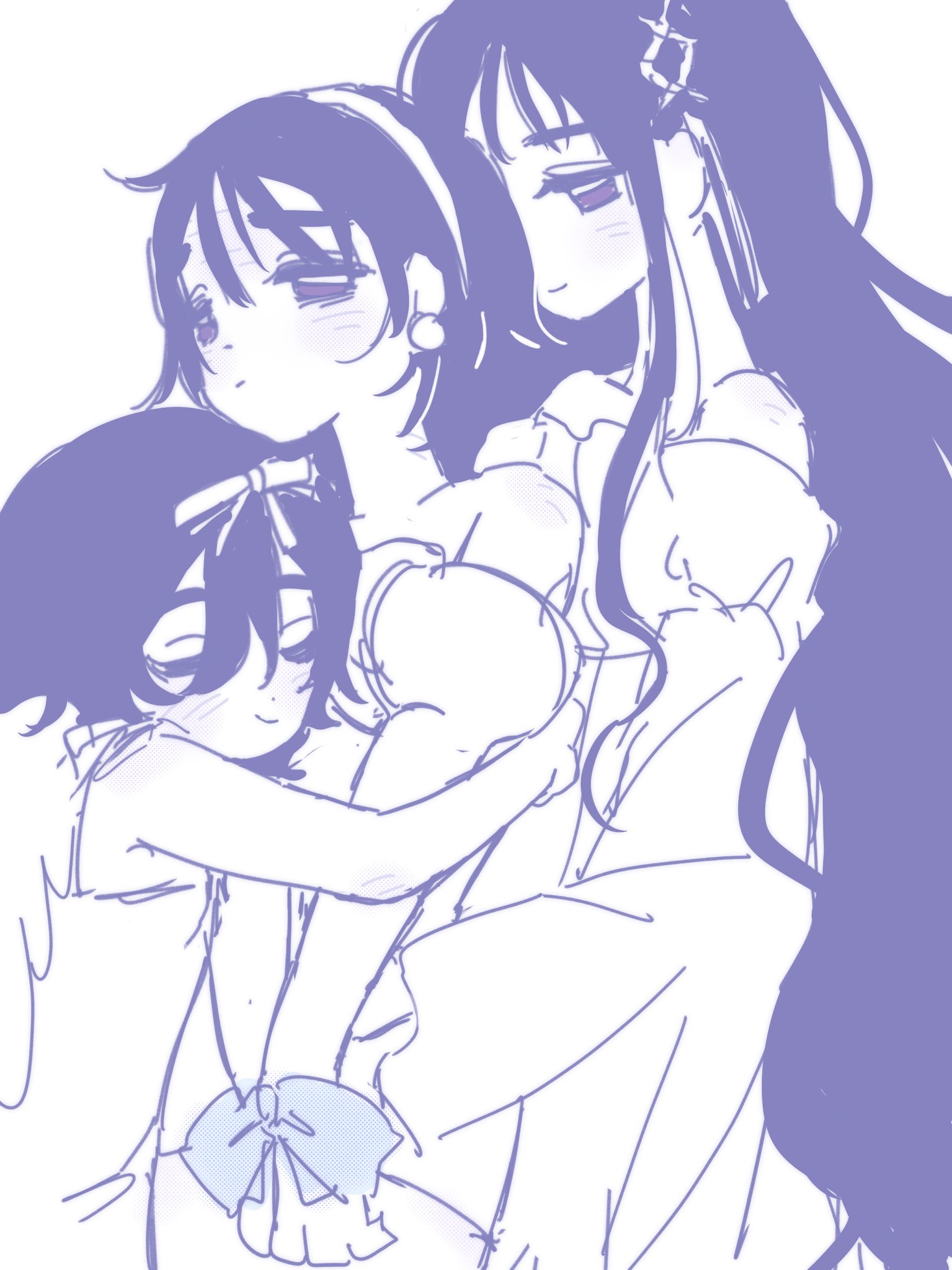coldmeow, sua (alien stage), alien stage, highres, 3girls, blue bow, bound, bound wrists, bow, closed eyes, girl sandwich, hair bow, hair ornament, hairband, hug, long hair, multiple girls, multiple persona, official alternate hair length, official alternate hairstyle, sandwiched, selfcest, sketch, smile, very long hair, wings, wrist bow, x hair ornament, yuri