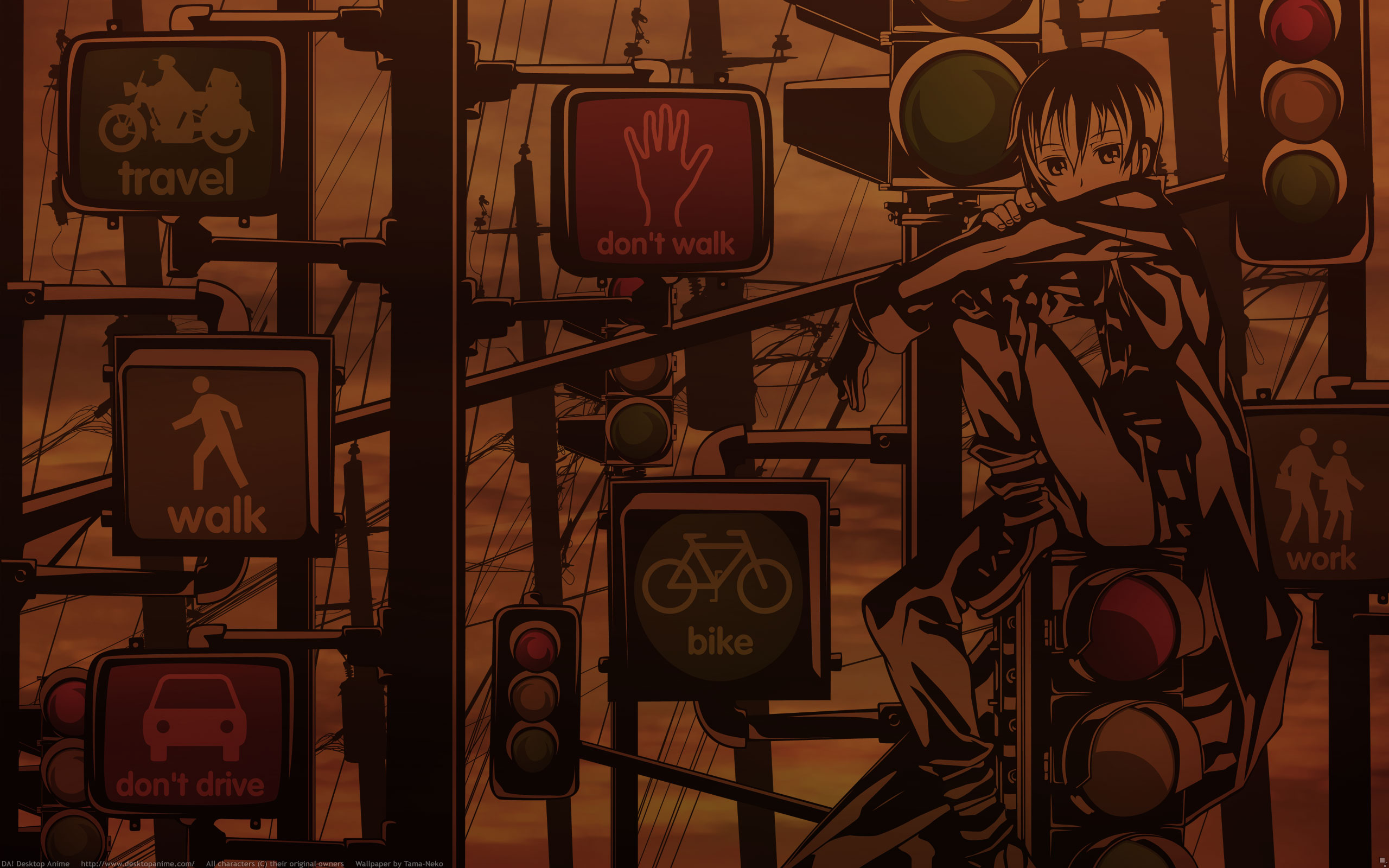 kino (kino no tabi), kino no tabi, highres, tagme, 00s, 1girl, androgynous, female focus, looking at viewer, monochrome, outdoors, reverse trap, road sign, short hair, sign, solo, tama-neko, traffic light, utility pole