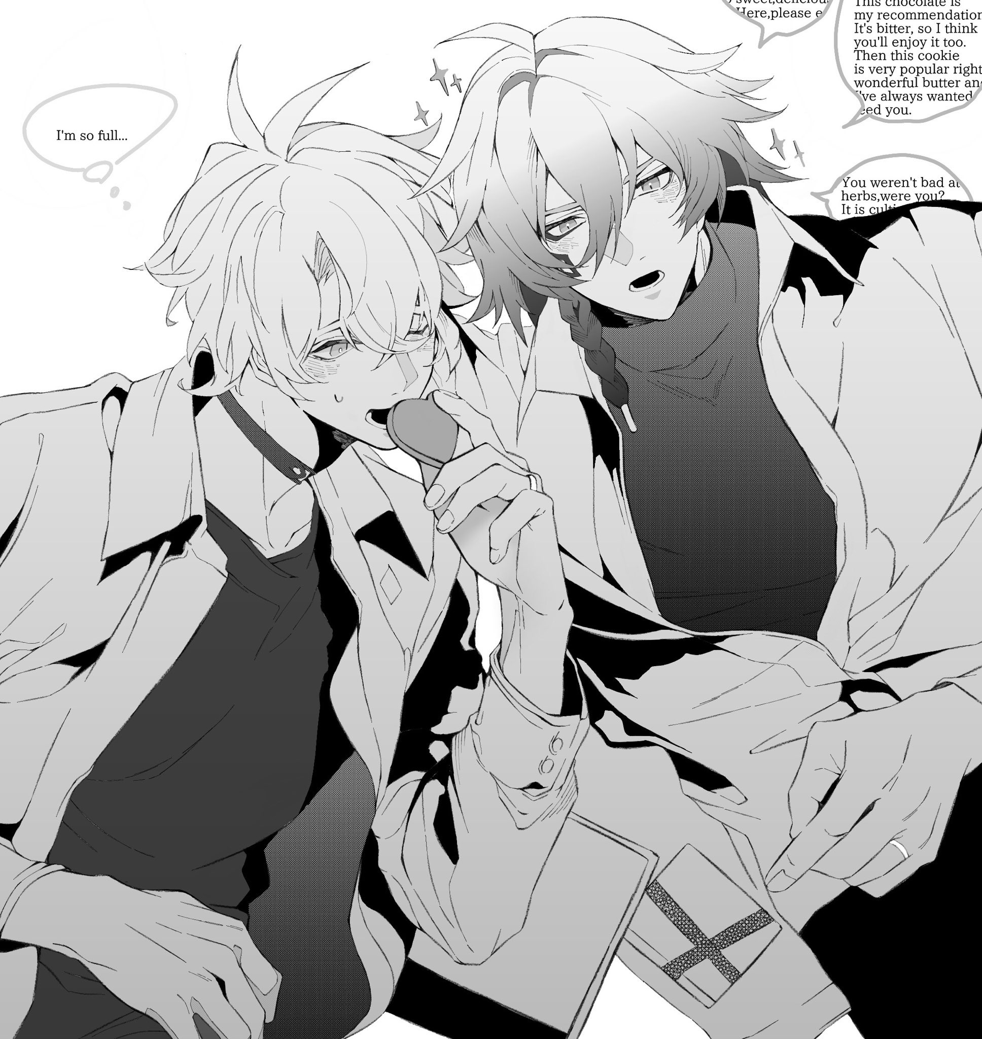 mydei (honkai: star rail), phainon (honkai: star rail), honkai: star rail, honkai (series), commentary, highres, symbol-only commentary, 2boys, antenna hair, black choker, black shirt, black sweater, braid, choker, eating, facial tattoo, food, greyscale, holding, holding food, jacket, male focus, medium hair, monochrome, multiple boys, one eye closed, open clothes, open jacket, shirt, short hair, side braid, simple background, sleeves rolled up, sweater, tattoo, turtleneck, turtleneck sweater, white background, white hair, white jacket, y oake
