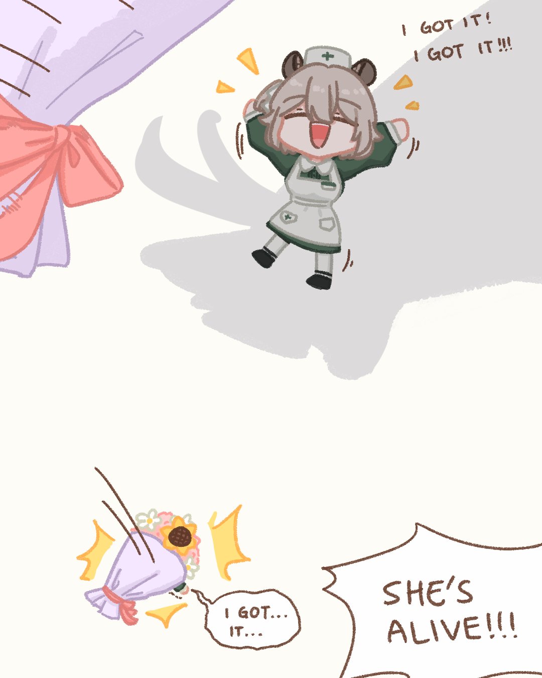 sappysque, nimi nightmare, indie virtual youtuber, commentary, english commentary, highres, 1girl, ^ ^, animal ears, apron, bouquet, bouquet toss, closed eyes, english text, flower, grey hair, hat, mini person, minigirl, nurse cap, open mouth, side ponytail, smile, solo, sunflower, tapir ears