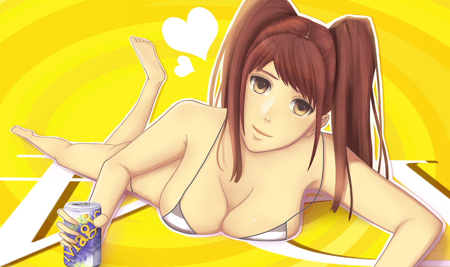sakimori (hououbds), kujikawa rise, atlus, persona, persona 4, bad id, bad pixiv id, 1girl, barefoot, bikini, bikini top only, breasts, brown eyes, can, cleavage, feet, female focus, large breasts, lying, on stomach, red hair, solo, swimsuit, twintails, white bikini