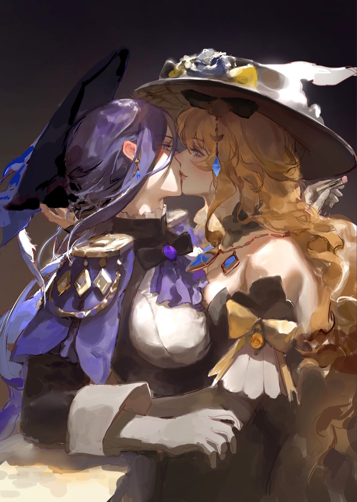 heartvify, clorinde (genshin impact), navia (genshin impact), genshin impact, commentary, english commentary, highres, 2girls, arm around waist, black background, black dress, black hat, blonde hair, blue eyes, blush, breast press, curly hair, dress, earrings, epaulettes, eye contact, hand on another's headwear, hat, jewelry, kiss, long hair, looking at another, multiple girls, purple hair, simple background, standing, strapless, strapless dress, wide brim, yuri