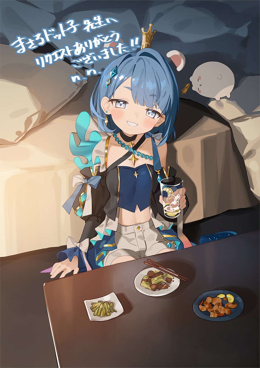 nnmbpx, original, commentary request, commission, highres, skeb commission, 1girl, animal ears, bed, black choker, black jacket, black sleeves, blue bow, blue hair, blue shirt, bow, breasts, chicken (food), choker, chopsticks, crop top, cropped jacket, crown, cup, detached sleeves, drinking glass, earrings, food, fried chicken, frilled sleeves, frills, fruit, grey pupils, grin, hair intakes, holding, holding cup, ice, ice cube, indoors, jacket, jewelry, lemon, lemon slice, long sleeves, looking at viewer, medium hair, midriff, mini crown, open clothes, open jacket, plate, shirt, shorts, sitting, sleeve bow, small breasts, smile, solo, star (symbol), star choker, stud earrings, table, white eyes, white shorts
