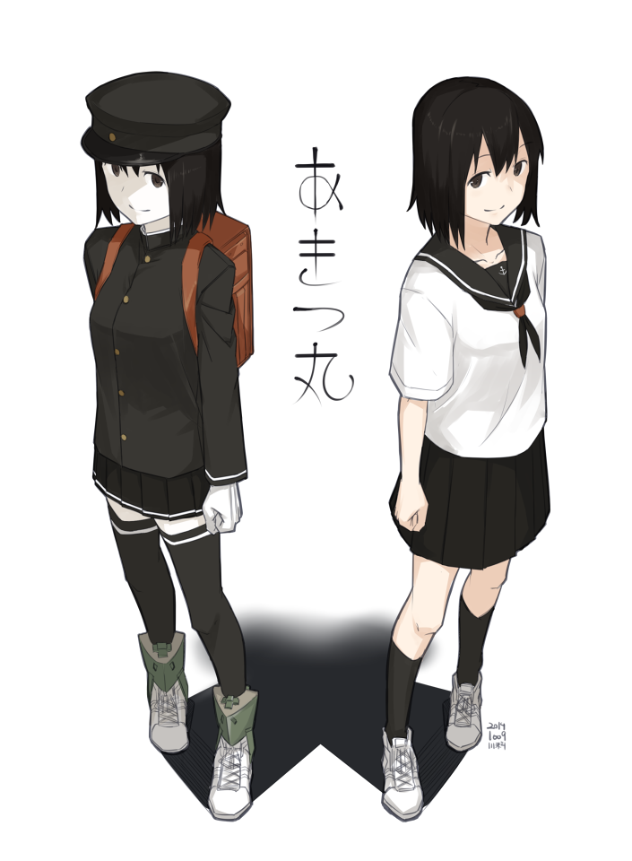 kawashina (momen silicon), akitsu maru (kancolle), kantai collection, commentary, 1girl, anchor symbol, black eyes, black hair, black hat, black jacket, black skirt, black socks, black thighhighs, character name, dated, hair between eyes, hat, jacket, kneehighs, long sleeves, looking at viewer, miniskirt, multiple views, pleated skirt, sailor collar, school uniform, serafuku, shoes, short hair, short sleeves, signature, simple background, skirt, sneakers, socks, standing, thighhighs, white shoes