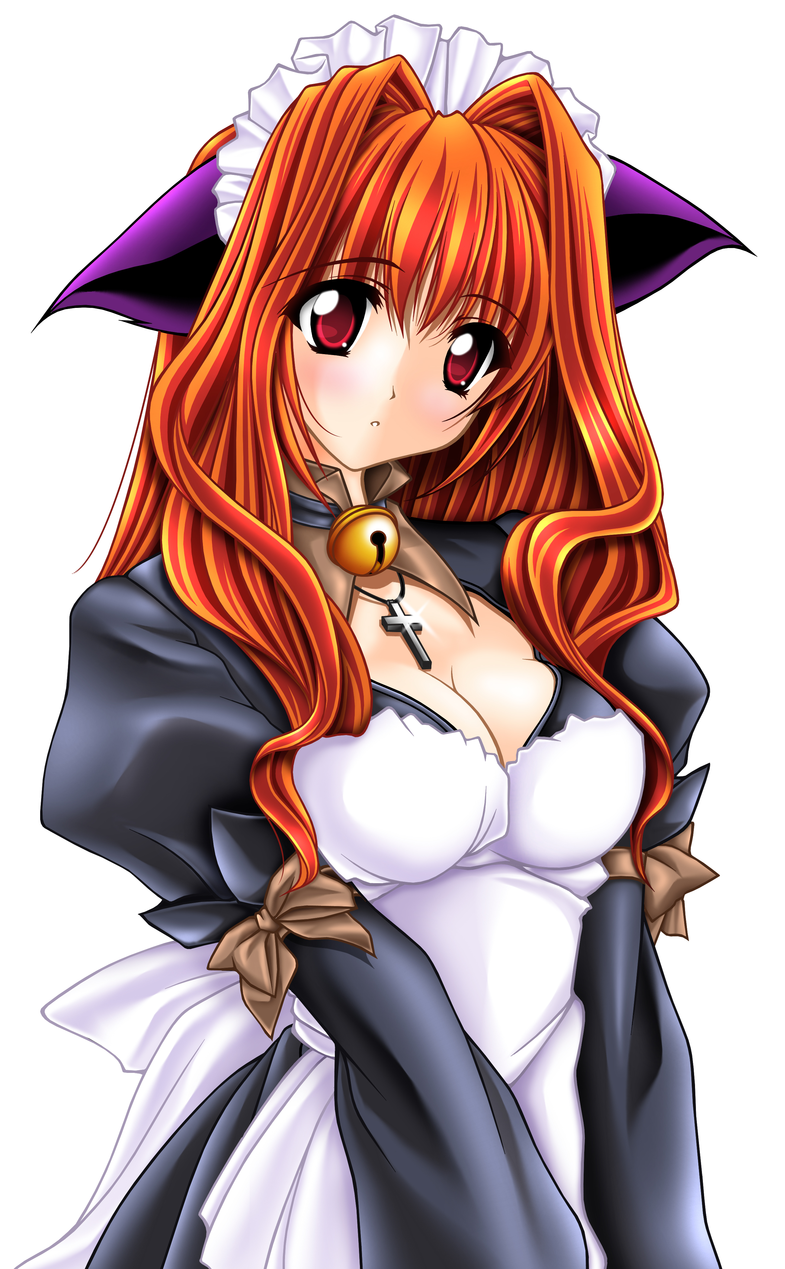 tomoya kankurou, shiruru, original, absurdres, highres, 1girl, animal ears, apron, bell, breasts, cleavage, cross, female focus, maid, maid apron, red eyes, red hair, solo