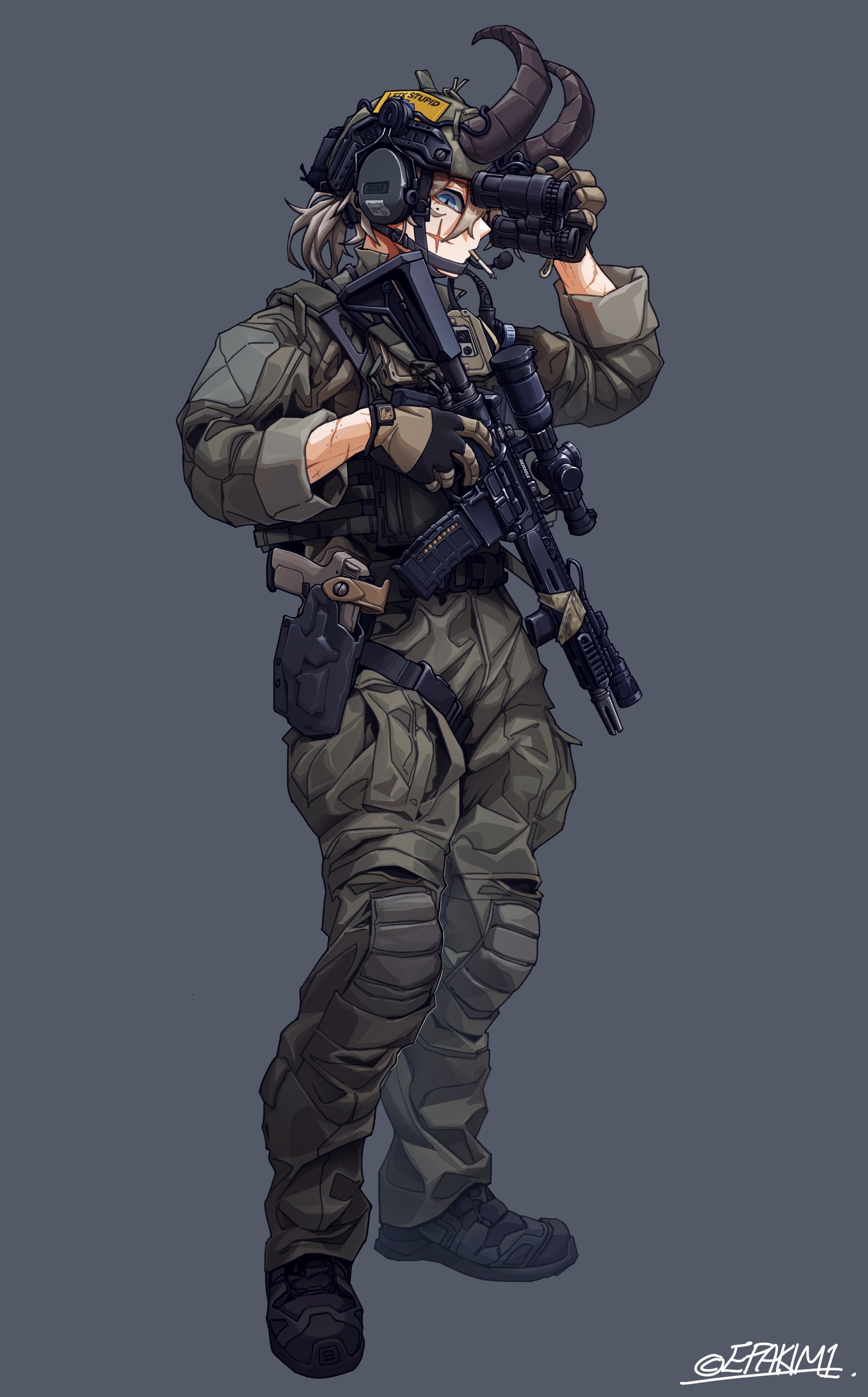 epakim, original, absurdres, commentary, highres, 1girl, ar-15, artist name, black shoes, blonde hair, blue eyes, brown jacket, brown pants, cigarette, combat helmet, ear protection, fn five-seven, full body, grey background, gun, handgun, helmet, holding, holding gun, holding weapon, holster, holstered, horns, jacket, lamia (epakim), mole, mole under eye, multiple scars, night vision device, pants, rifle, scar, scar on arm, scar on face, shoes, simple background, slit pupils, solo, tactical clothes, twitter username, weapon