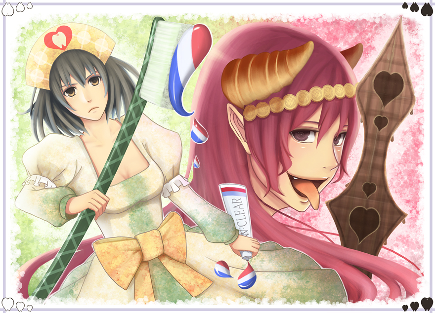 sakimori (hououbds), original, bad id, bad pixiv id, 2girls, black hair, crown, dress, horns, multiple girls, pink hair, tongue, toothbrush