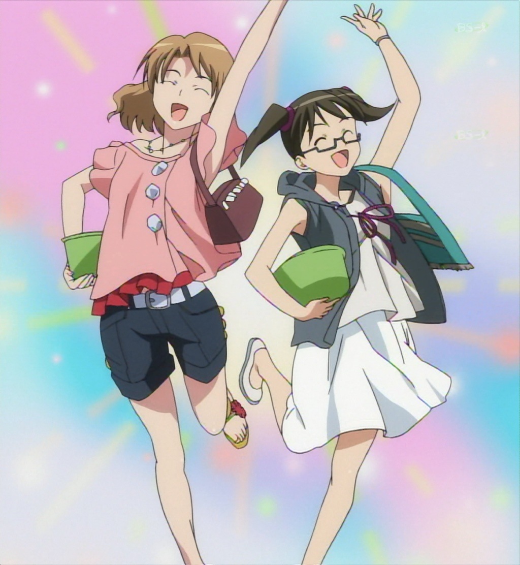 momioka risa, sawada mio, to love-ru, anime screenshot, stitched, third-party edit, 00s, 2girls, :d, ^ ^, bag, brown hair, casual, closed eyes, glasses, hood, hoodie, jumping, multiple girls, no socks, open mouth, sandals, short hair, sleeveless, sleeveless hoodie, smile, twintails