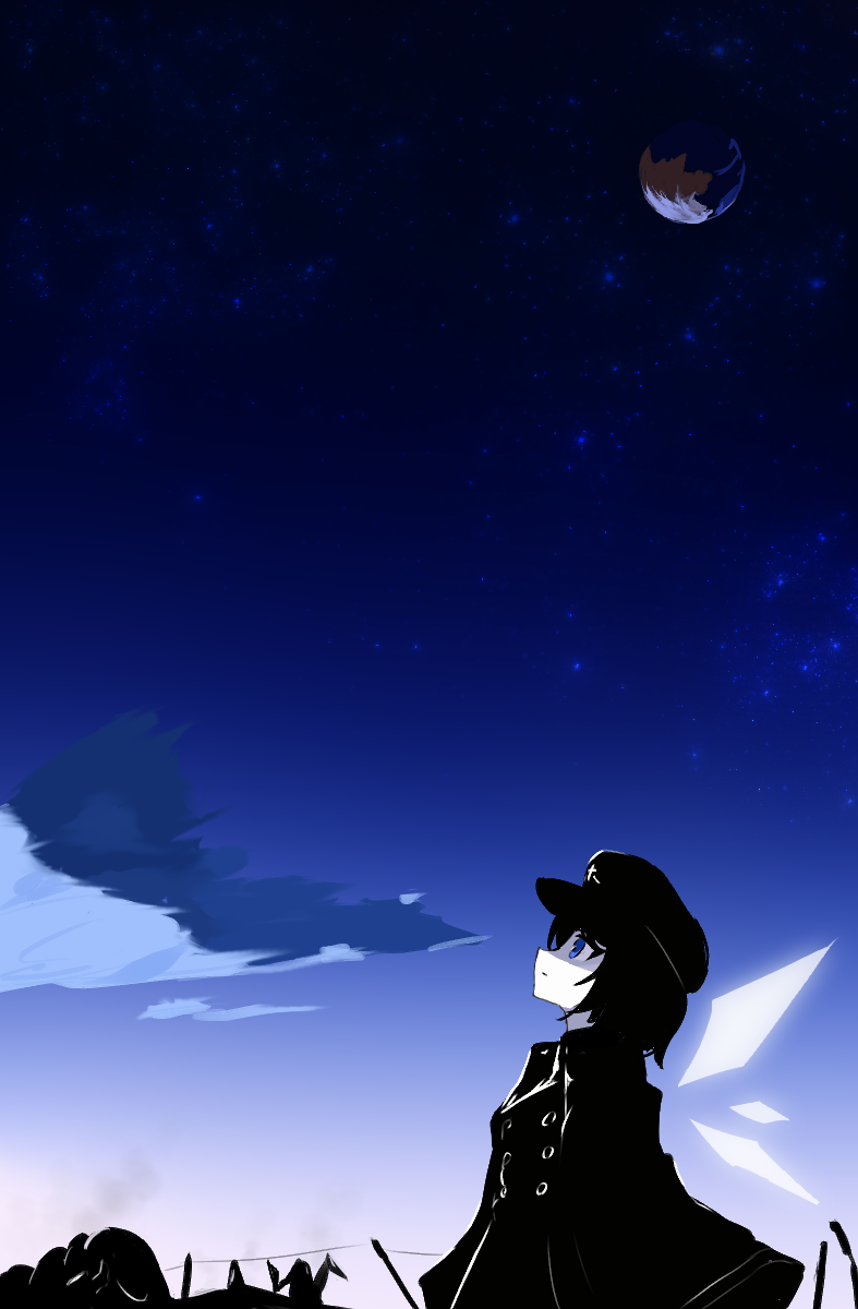 wingcat, original, rimworld, highres, 1girl, black cloak, black hair, black hat, black jacket, black sky, blue eyes, blue sky, cloak, cloud, colored skin, cowboy shot, expressionless, gradient sky, hat, jacket, landscape, looking afar, looking up, medium hair, nature, night, night sky, outdoors, planet, scenery, shaded face, sky, solo, standing, star (sky), starry sky, twilight, white skin