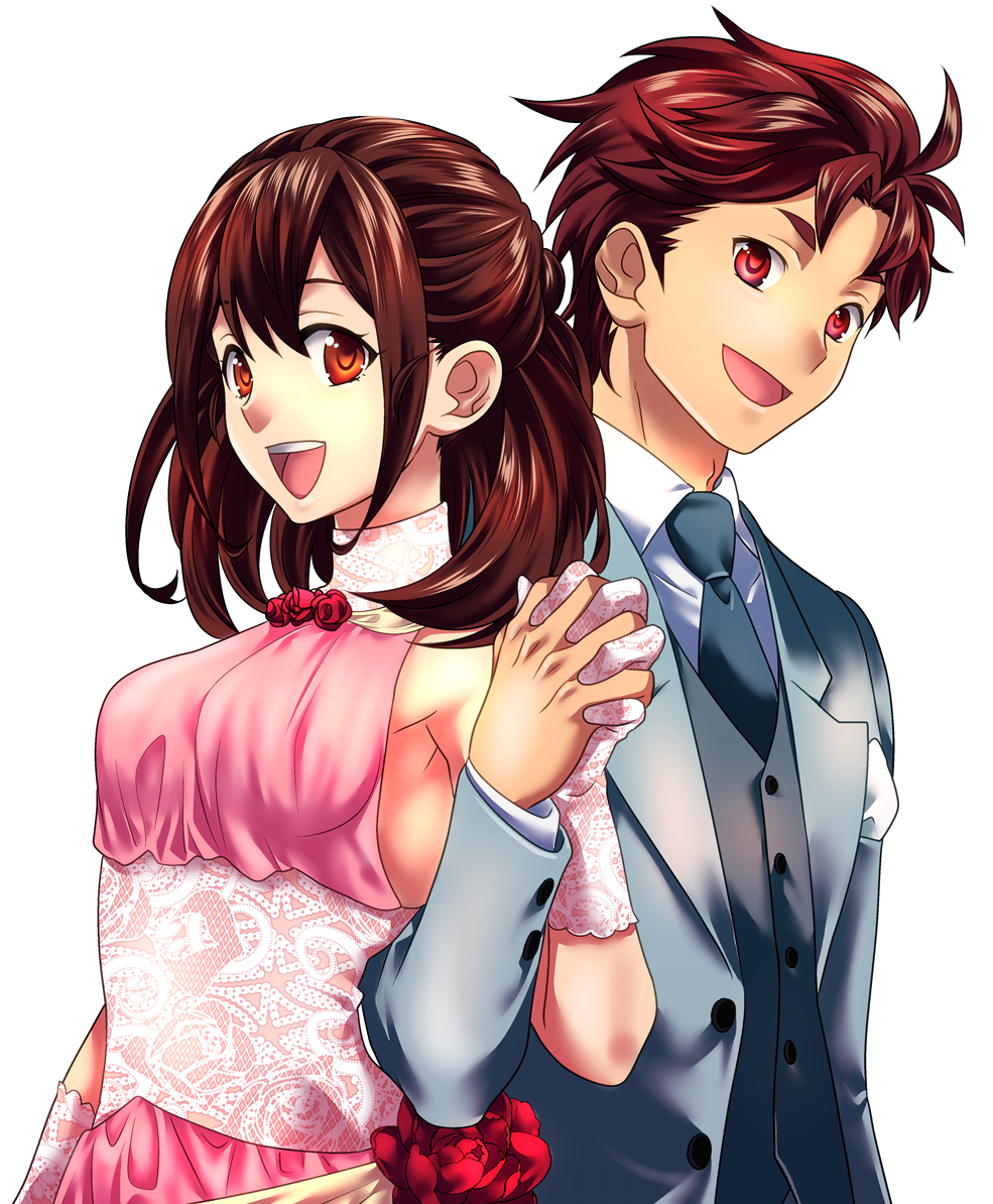 ikuhashi muiko, senomiya akiho, yashio kaito, robotics;notes, science adventure, 1boy, 1girl, :d, bare shoulders, blush, breasts, brown eyes, brown hair, collared shirt, couple, dress, flower, formal clothes, gloves, grey jacket, grey suit, hair between eyes, halter dress, halterneck, hetero, holding hands, jacket, jewelry, lace, lace gloves, long hair, long sleeves, looking at viewer, medium breasts, necktie, open mouth, parted bangs, pink dress, pocket square, ponytail, red eyes, red flower, red hair, shirt, short hair, simple background, sleeveless, sleeveless dress, smile, suit, teeth, upper body, upper teeth only, vest, waistcoat, white background, white shirt
