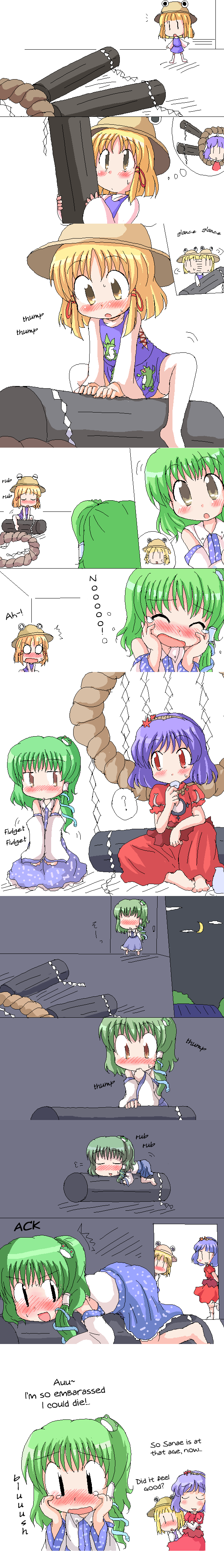 geetsu, kochiya sanae, moriya suwako, yasaka kanako, touhou, absurdres, aliasing, highres, long image, tall image, comic, female focus