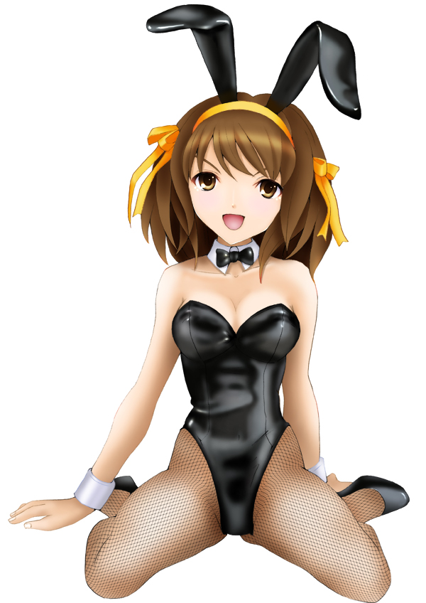 kishida-shiki, suzumiya haruhi, suzumiya haruhi no yuuutsu, 00s, animal ears, brown hair, fake animal ears, fishnet pantyhose, fishnets, high heels, pantyhose, playboy bunny, rabbit ears, shoes, short hair, spread legs, yellow eyes