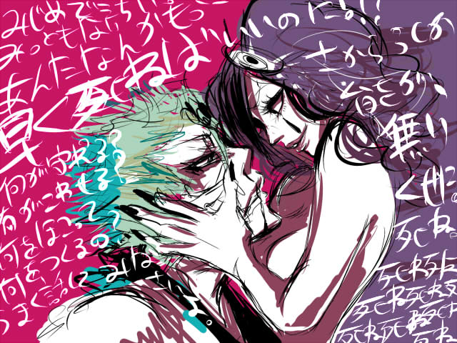 pattsunko, cirucci sanderwicci, grimmjow jaegerjaquez, bleach, 00s, 1boy, 1girl, aqua hair, arrancar, bad anatomy, bad hands, breasts, eye contact, facial mark, hair ornament, hand on another's face, lipstick, looking at another, makeup, number tattoo, purple hair, purple lips, short twintails, sketch, smile, spiked hair, tattoo, topless female, twintails, wall of text, wavy hair, writing