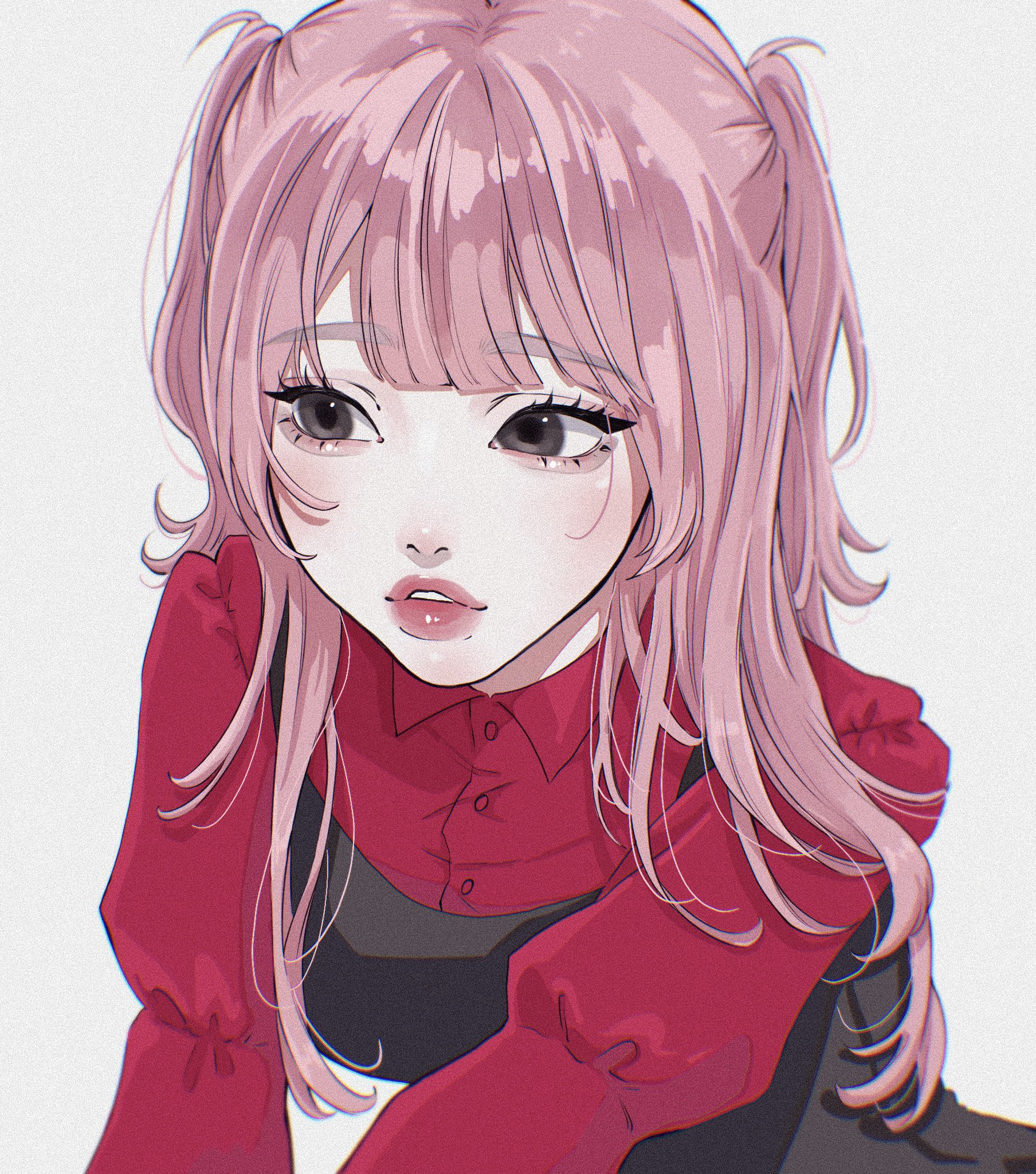 tamori (tamori www), original, highres, 1girl, aegyo sal, black dress, blurry, brown eyes, chromatic aberration, collared shirt, depth of field, dress, film grain, hair over shoulder, lipstick, long hair, looking to the side, makeup, parted lips, pink hair, pink lips, puffy sleeves, red shirt, shirt, shirt under dress, simple background, straight hair, thick lips, two side up, white background
