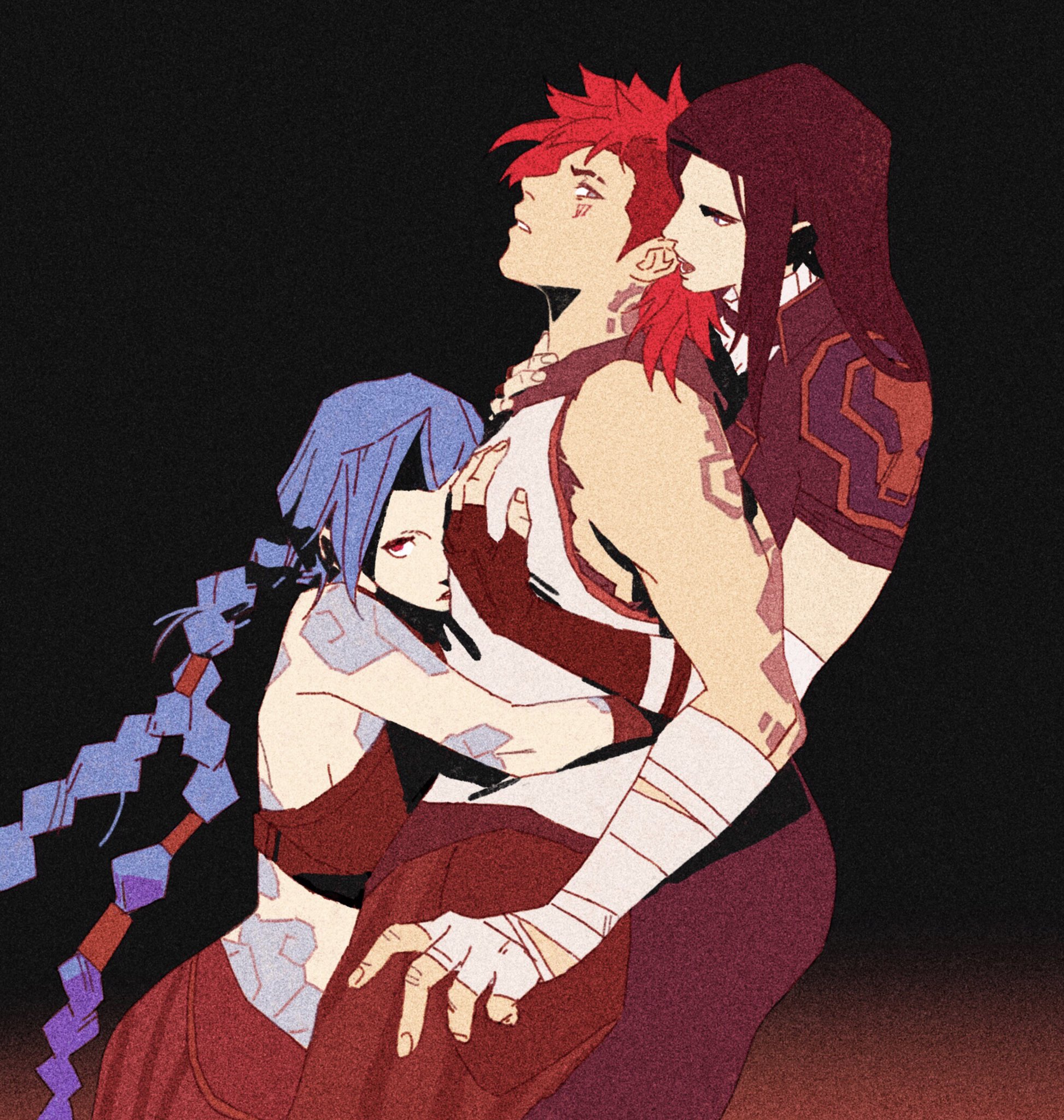 runhorserun, arcane caitlyn, arcane jinx, arcane vi, caitlyn (league of legends), jinx (league of legends), vi (league of legends), arcane: league of legends, league of legends, highres, 3girls, black background, blue hair, braid, eyebrow cut, hand on another's chest, head on chest, head rest, hug, hug from behind, looking back, multiple girls, open mouth, red eyes, red hair, shirt, simple background, sleeveless, tattoo, twin braids, white shirt
