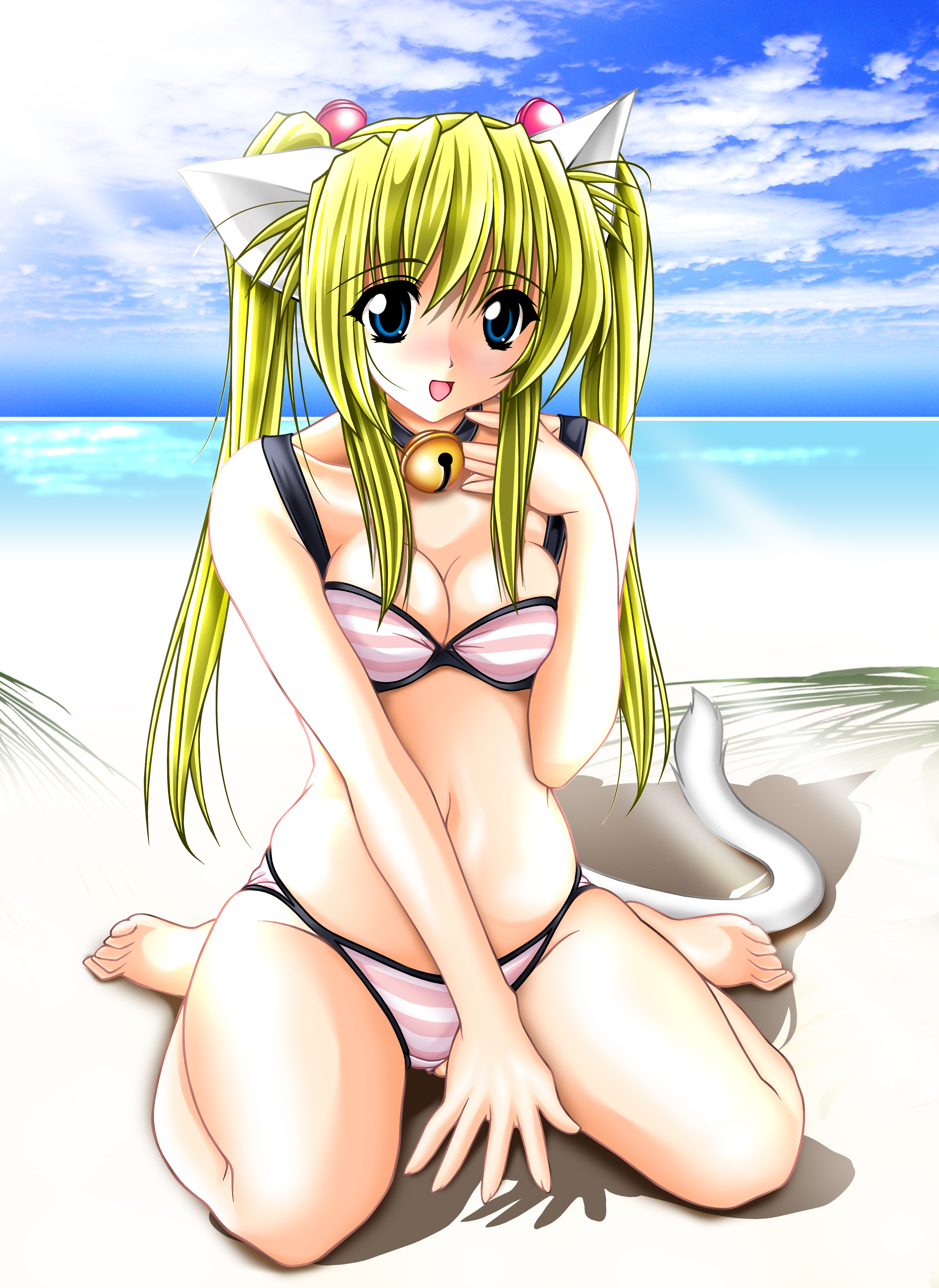 tomoya kankurou, absurdres, highres, 1girl, animal ears, beach, bell, bikini, blonde hair, blue eyes, blush, breasts, breasts squeezed together, cat ears, choker, cleavage, day, female focus, long hair, medium breasts, outdoors, smile, solo, striped bikini, striped clothes, swimsuit, twintails