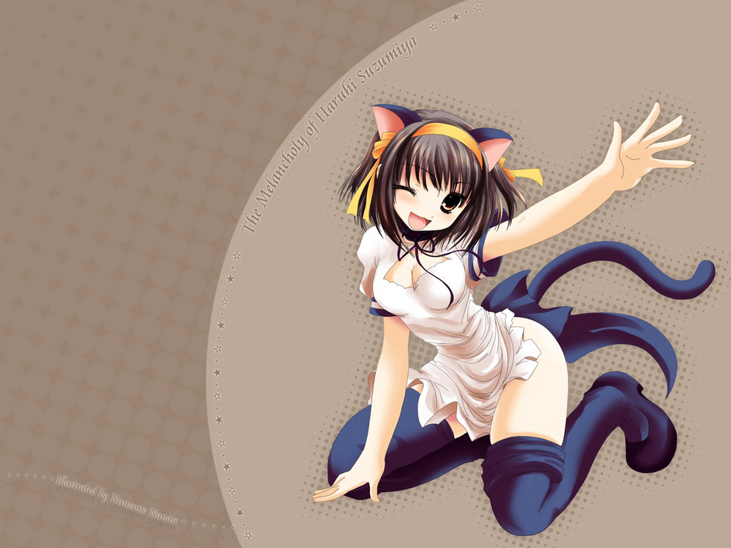 namamo nanase, suzumiya haruhi, suzumiya haruhi no yuuutsu, non-web source, 00s, animal ears, brown hair, cat ears, cat tail, dress, hairband, kneeling, one eye closed, short hair, solo, tail, thighhighs, wink, yellow eyes