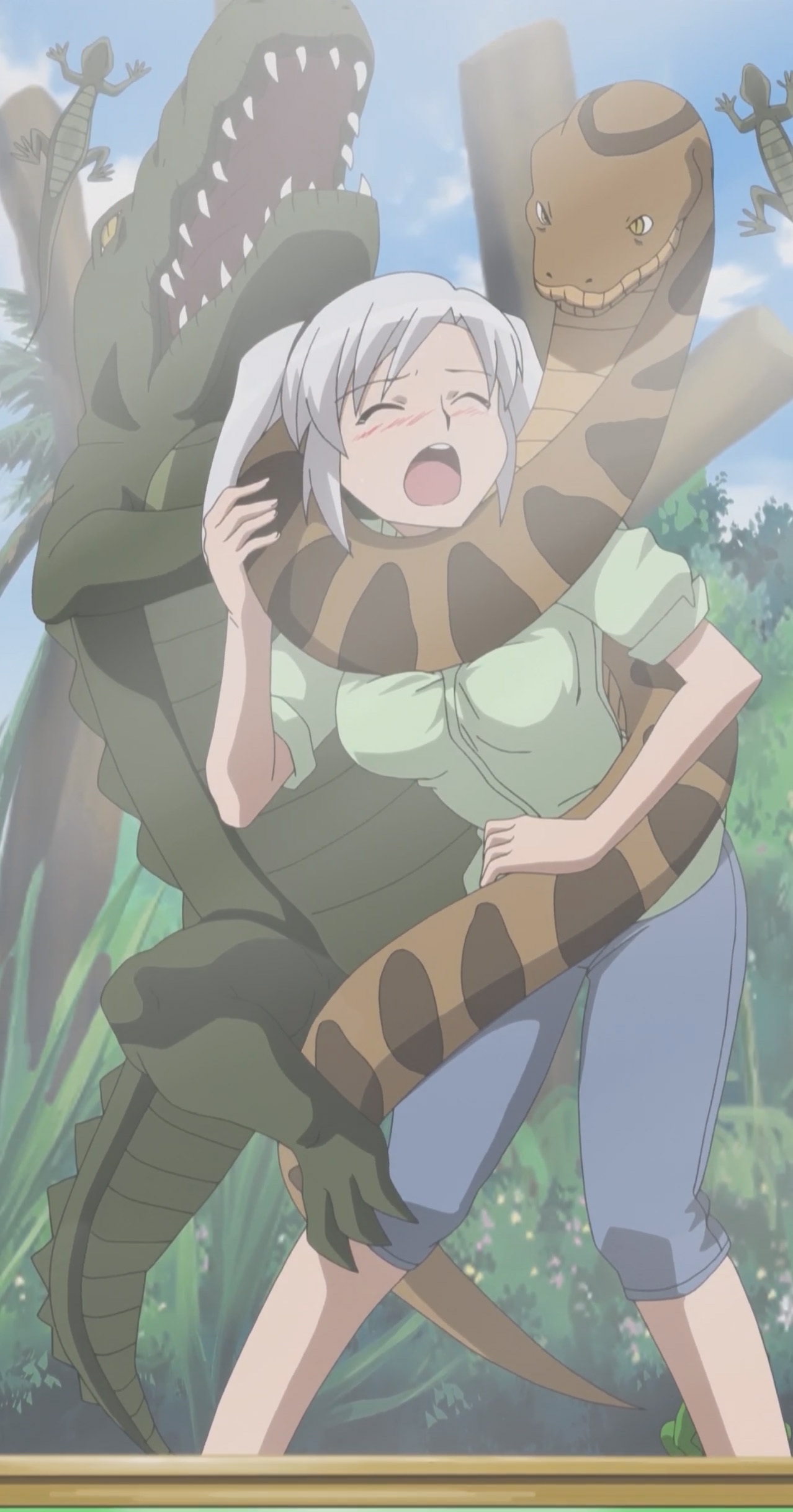 midarezaki chika, kyouran kazoku nikki, absurdres, anime screenshot, highres, stitched, third-party edit, 00s, blush, breasts, closed eyes, large breasts, monster, snake, you gonna get raped