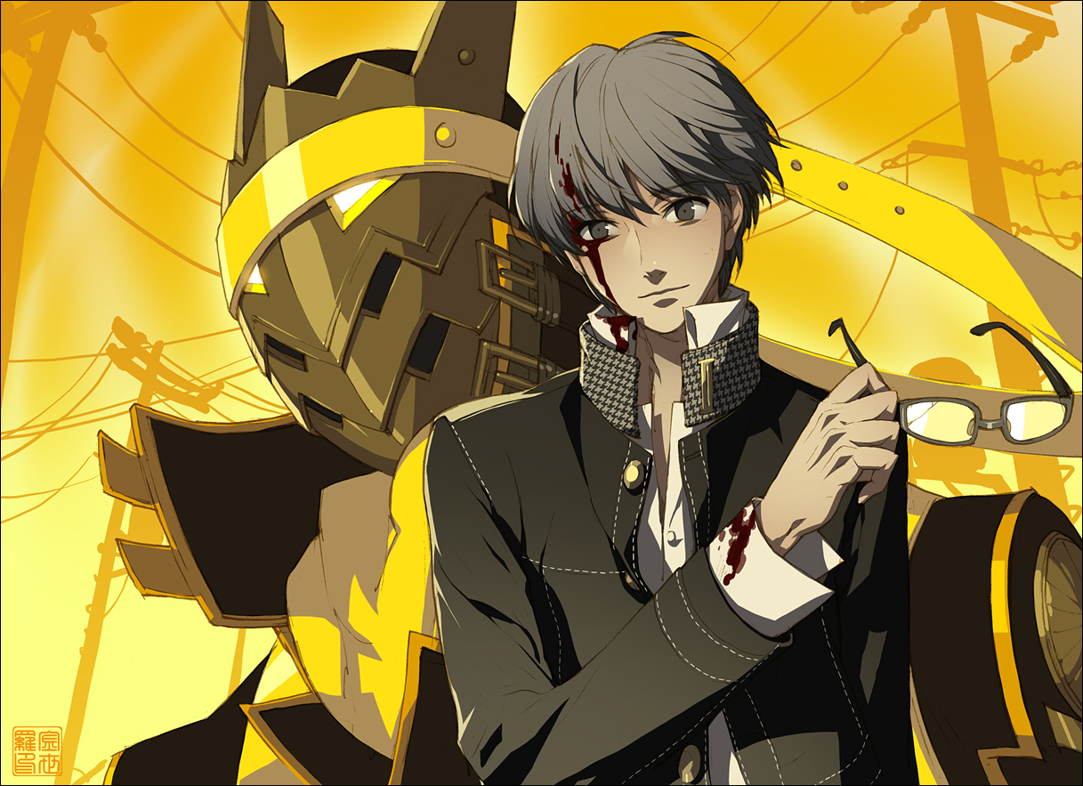 grandyoukan, narukami yu, atlus, persona, persona 4, bad id, bad pixiv id, blood, glasses, grey eyes, grey hair, male focus, school uniform, serafuku, short hair, smile, solo