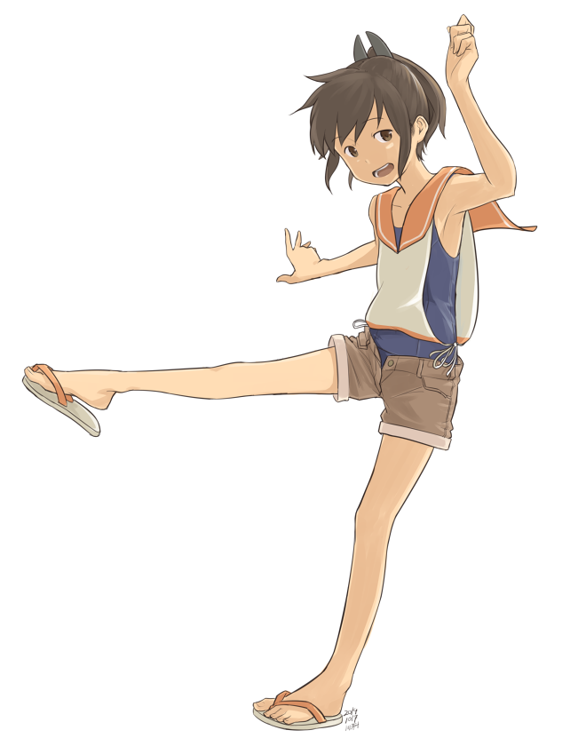 kawashina (momen silicon), i-401 (kancolle), kantai collection, commentary, 1girl, brown eyes, brown hair, brown shorts, full body, one-piece swimsuit, open mouth, orange sailor collar, ponytail, sailor collar, sandals, shirt, short shorts, shorts, sideless shirt, simple background, solo, standing, standing on one leg, swimsuit, swimsuit under clothes, white background