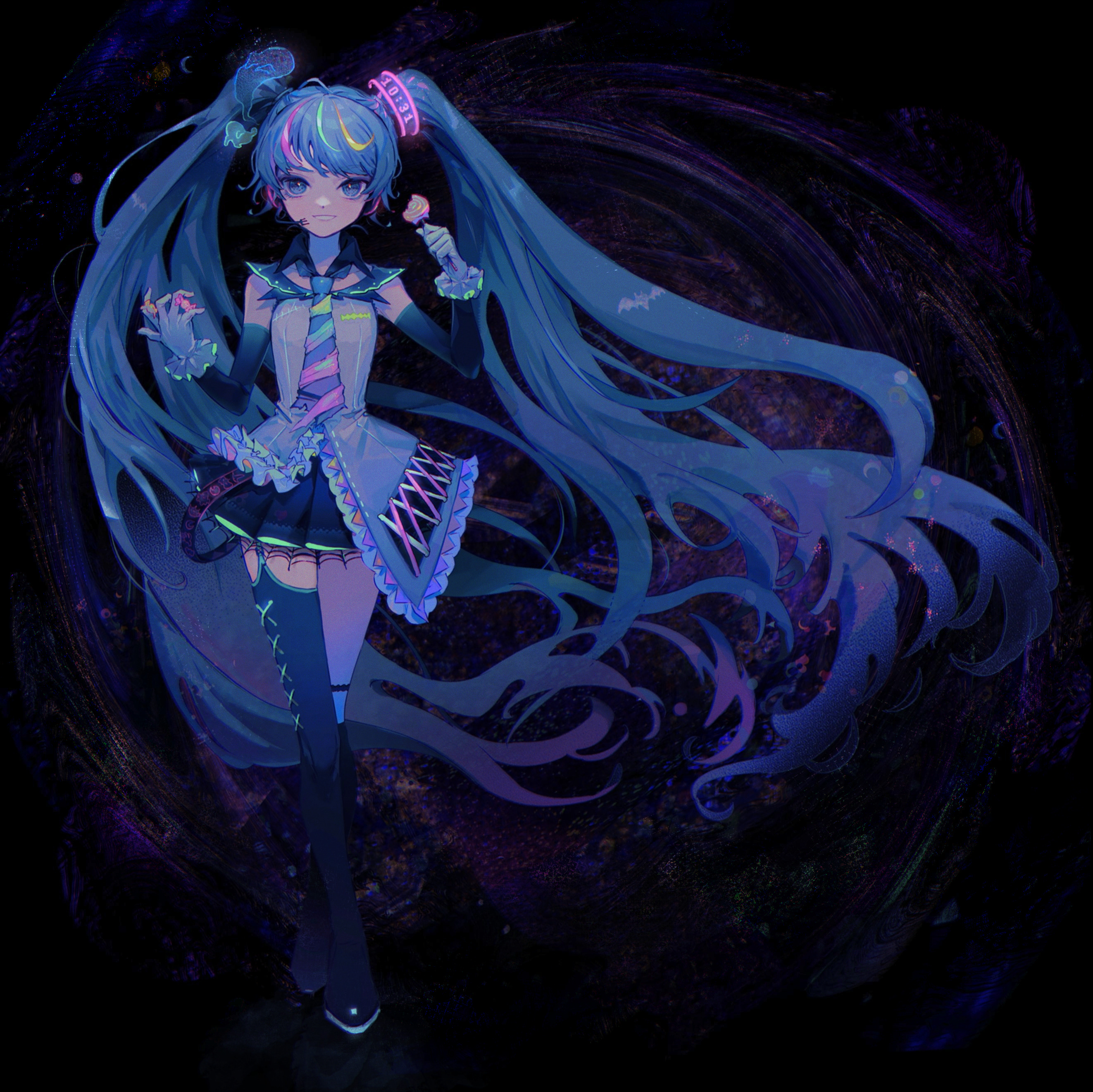 mawarusanso, hatsune miku, vocaloid, absurdres, highres, 1girl, asymmetrical legwear, asymmetrical shirt, black background, blue eyes, candy, detached sleeves, dress, food, full body, ghost, gloves, grey dress, grin, headset, holding, holding candy, holding food, holding lollipop, lollipop, long hair, looking at viewer, multicolored hair, necktie, pink pupils, smile, solo, streaked hair, striped necktie, twintails, very long hair, white gloves