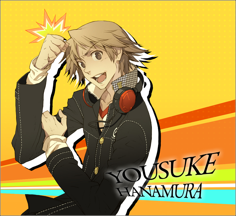 grandyoukan, hanamura yousuke, atlus, persona, persona 4, bad id, bad pixiv id, 1boy, brown eyes, brown hair, headphones, headphones around neck, male focus, short hair, solo