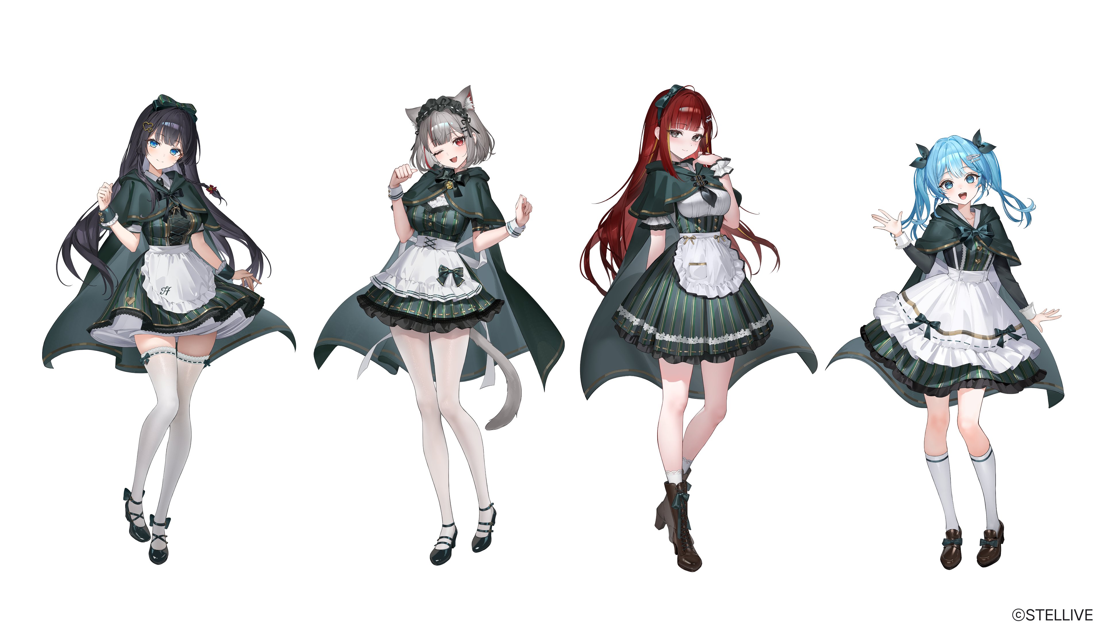 rity, akane lize, arahashi tabi, neneko mashiro, shirayuki hina, stellive, absurdres, highres, official art, 4girls, animal ears, apron, black dress, black hair, black shoes, blonde hair, blue eyes, blue hair, boots, brown boots, brown shoes, cat ears, cat girl, cat tail, closed mouth, dress, full body, grey eyes, grey hair, kneehighs, long hair, long sleeves, looking at viewer, multicolored hair, multiple girls, one eye closed, open mouth, pantyhose, red eyes, red hair, shoes, short hair, short sleeves, socks, standing, streaked hair, tail, thighhighs, virtual youtuber, white apron, white pantyhose, white socks, white thighhighs, white wrist cuffs, wrist cuffs, zettai ryouiki