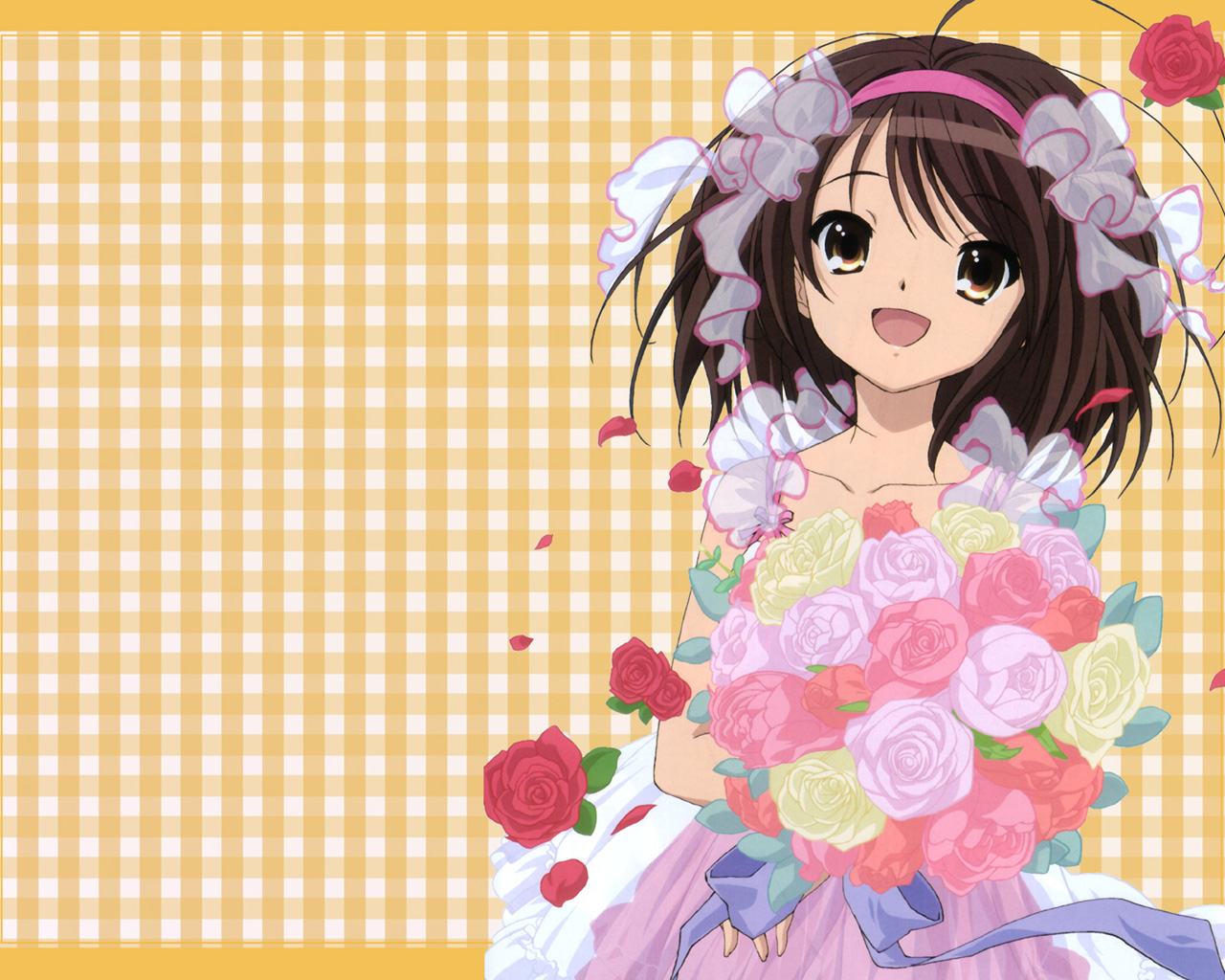 ikeda shouko, suzumiya haruhi, suzumiya haruhi no yuuutsu, non-web source, 00s, 1girl, bride, brown hair, dress, female focus, flower, hairband, rose, short hair, solo, wedding dress, yellow eyes