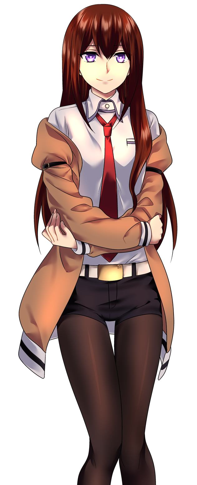 ikuhashi muiko, makise kurisu, science adventure, steins;gate, highres, 1girl, arm belt, belt, black pantyhose, black shorts, blush, breasts, brown hair, collared shirt, cowboy shot, hair between eyes, jacket, long hair, long sleeves, looking at viewer, necktie, open clothes, open jacket, pantyhose, pantyhose under shorts, purple eyes, purple trim, red necktie, shirt, short shorts, shorts, simple background, smile, solo, standing, white background, white shirt