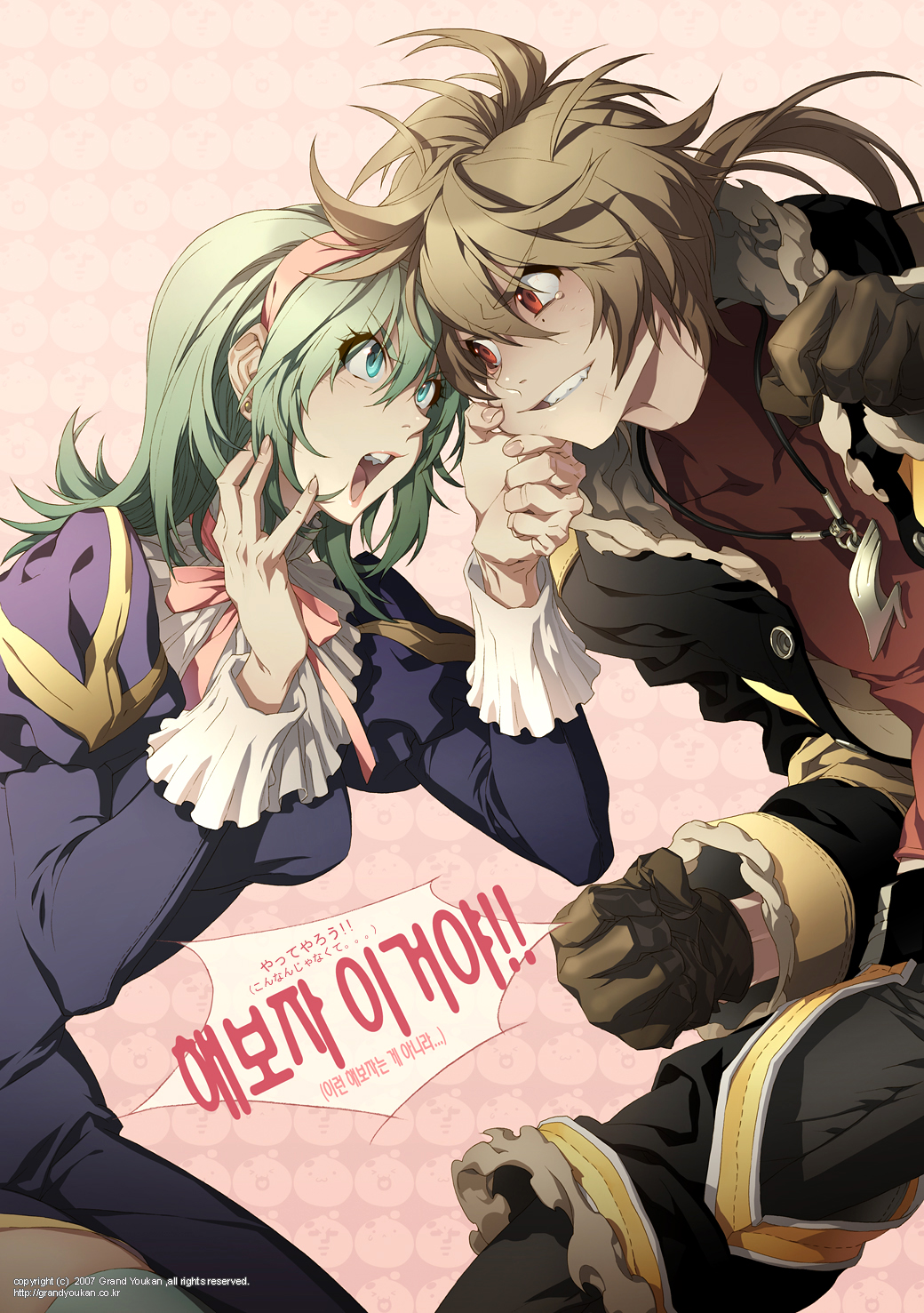 grandyoukan, gunslinger (ragnarok online), priest (ragnarok online), ragnarok online, bad id, bad pixiv id, highres, arguing, blue eyes, brown eyes, brown hair, cheek pinching, dress, fingernails, gloves, green hair, headband, nail (hardware), pinching, priest, priestess