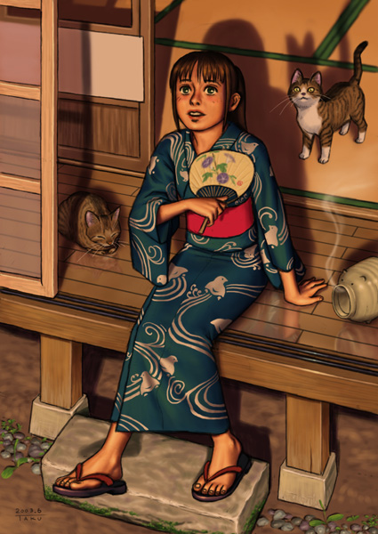 matataku, original, 1girl, brown hair, cat, female focus, freckles, hand fan, japanese clothes, kimono, long hair, looking up, paper fan, sandals, shadow, shouji, sitting, sliding doors, solo, sunset, tatami, uchiwa, veranda
