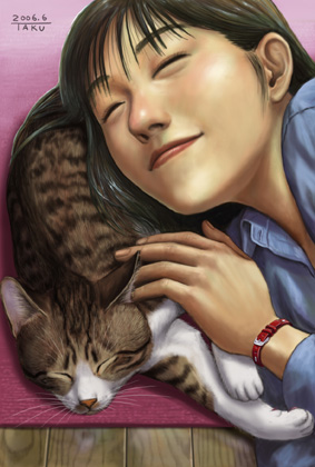 matataku, original, gender request, lowres, 1girl, androgynous, brown hair, cat, closed eyes, female focus, realistic, sleeping, smile, solo