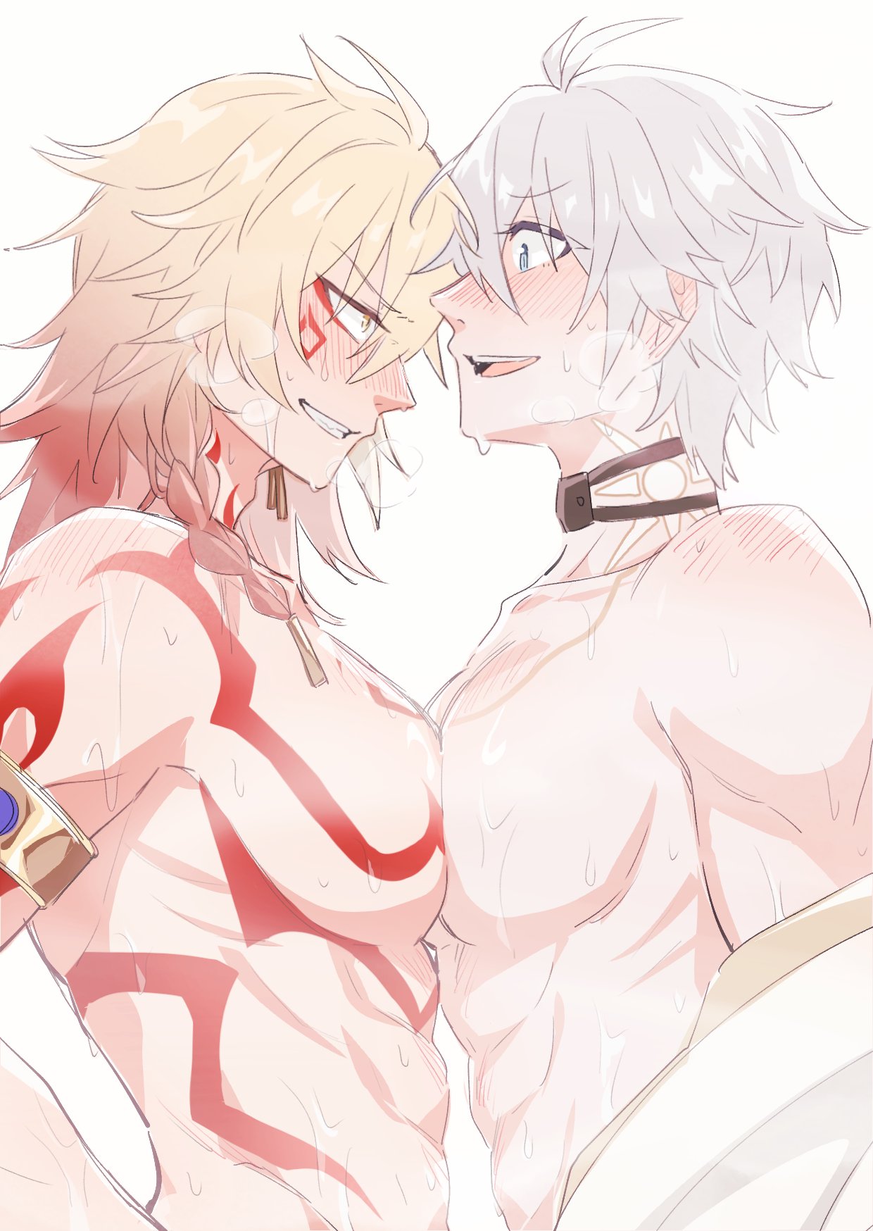 milk890522, mydei (honkai: star rail), phainon (honkai: star rail), honkai: star rail, honkai (series), commentary request, highres, 2boys, antenna hair, arm tattoo, armlet, black choker, blonde hair, blue eyes, blush, braid, chest tattoo, choker, earrings, facial tattoo, from side, gold earrings, gold necklace, gradient hair, jewelry, male focus, medium hair, multicolored hair, multiple boys, neck tattoo, necklace, parted bangs, profile, red hair, red tattoo, short hair, side braid, simple background, sun symbol, sun tattoo, tan, tattoo, white background, white hair, yaoi, yellow eyes