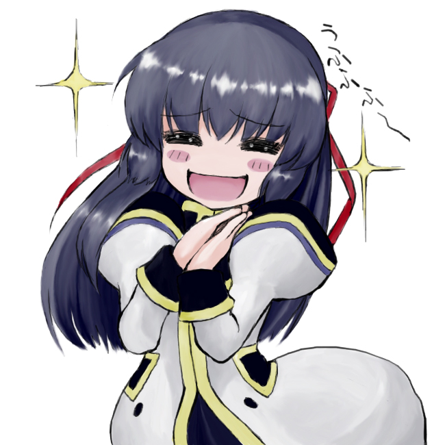 karasuma chitose, galaxy angel, non-web source, 00s, 1girl, black hair, blush, blush stickers, closed eyes, dress, female focus, happy, laughing, long hair, military, military uniform, simple background, smile, solo, sparkle, white background