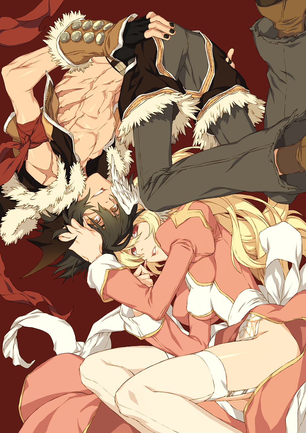 grandyoukan, high priest (ragnarok online), ragnarok online, bad id, bad pixiv id, highres, 1boy, 1girl, black hair, blonde hair, couple, dress, fingernails, gloves, hetero, lipstick, makeup, nail (hardware), preistess, red eyes, scar, thighhighs, vest, yellow eyes