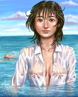 matataku, lowres, 1girl, black eyes, black hair, breasts, cleavage, cloud, day, female focus, medium breasts, nipples, ocean, oekaki, outdoors, realistic, see-through clothes, shirt, short hair, skeleton, sky, solo, swimming, wet, wet clothes, wet shirt