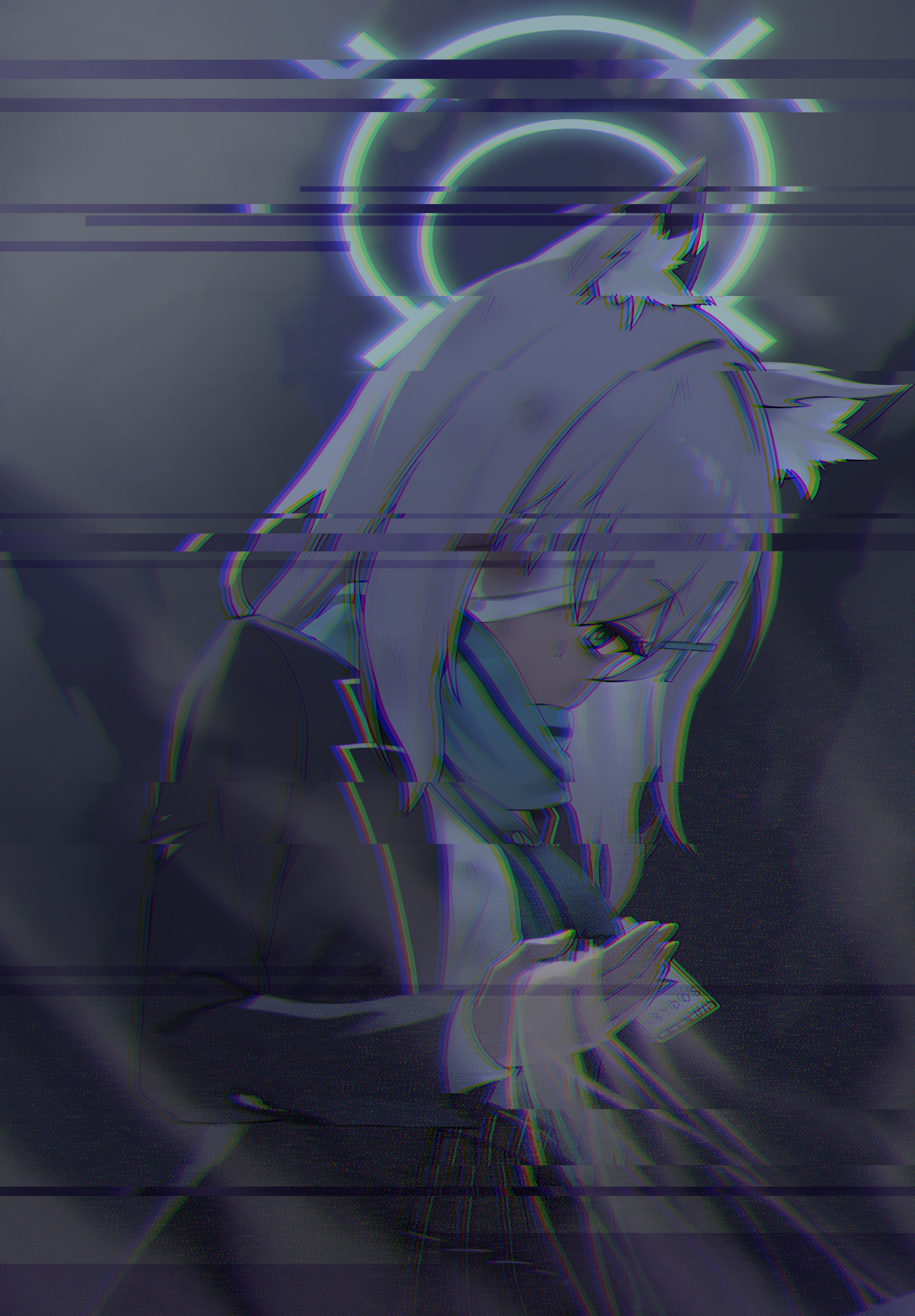 aworuw1137, shiroko (blue archive), blue archive, absurdres, highres, 1girl, animal ear fluff, animal ears, bandage over one eye, black jacket, black skirt, blood, blood on face, blue eyes, blue halo, blue necktie, blue scarf, dirty, glitch, grey hair, hair between eyes, halo, holding, holding id card, id card, jacket, long hair, looking at viewer, necktie, scarf, scarf over mouth, shirt, sidelocks, skirt, solo, white shirt, wolf ears, wolf girl