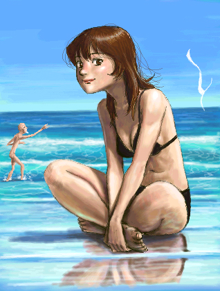 matataku, lowres, 1boy, 1girl, barefoot, beach, bikini, brown eyes, brown hair, crossed legs, day, fundoshi, hands on feet, indian style, japanese clothes, long hair, nude, ocean, oekaki, outdoors, sitting, sky, smile, swimsuit, wind