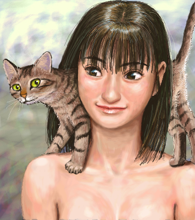 matataku, lowres, 1girl, bare shoulders, brown eyes, brown hair, cat, female focus, nude, oekaki, short hair, smile, solo
