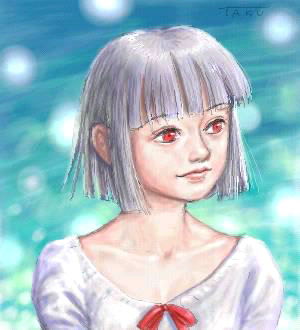 matataku, original, lowres, albino, blouse, blunt bangs, bob cut, portrait, red eyes, shirt, short hair, solo, white hair, white shirt