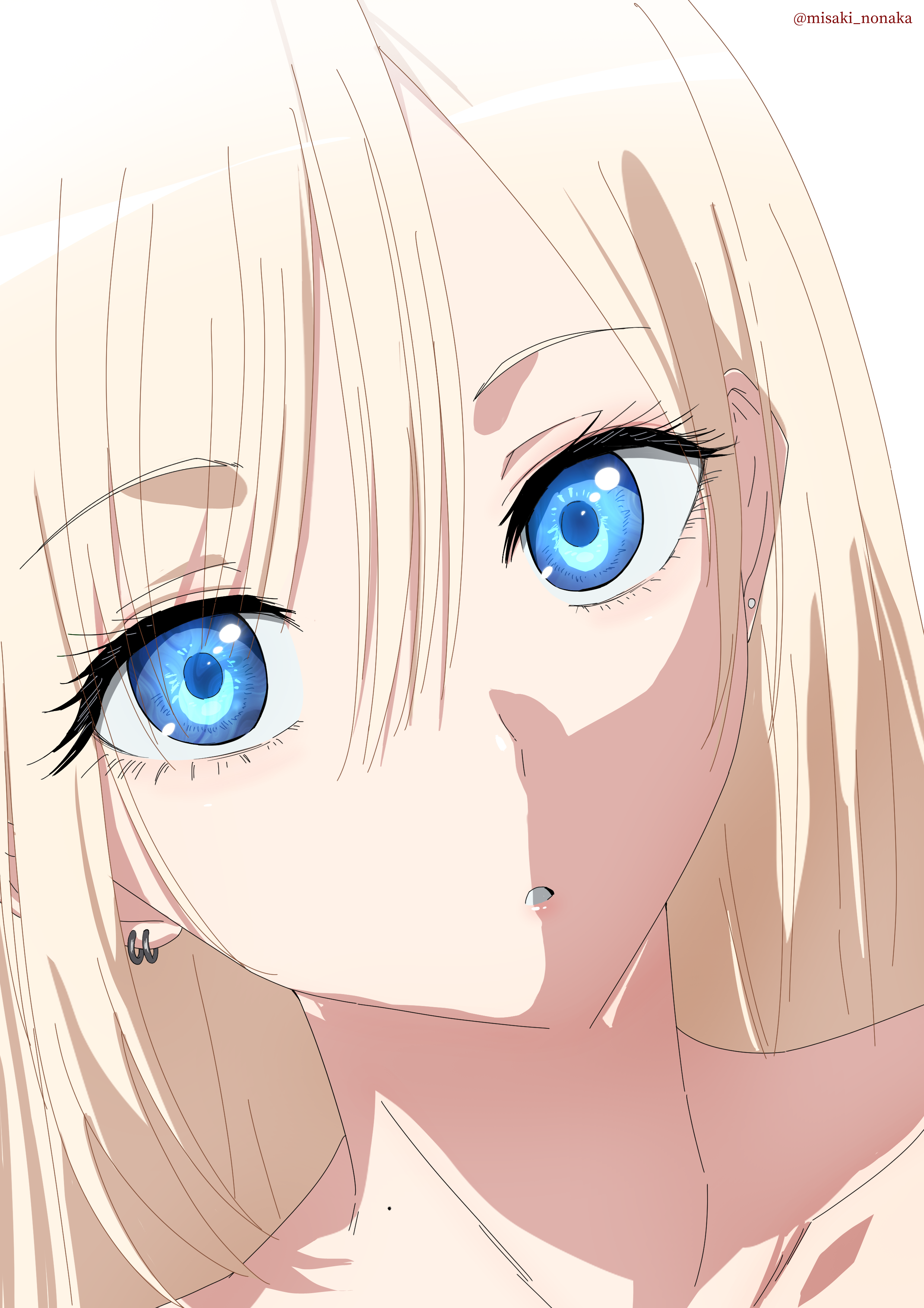 misaki nonaka, original, absurdres, highres, 1girl, blonde hair, blue eyes, close-up, earrings, eyelashes, hair between eyes, jewelry, long hair, parted lips, shadow, solo, twitter username
